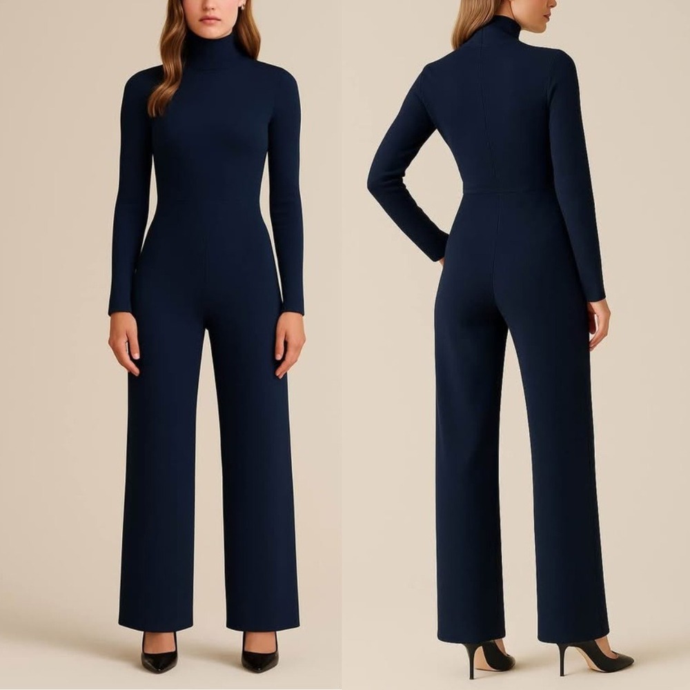 Scanlan Theodoreโ Navy Blue Crepe Knit Mock Neck Long Sleeve Jumpsuit Size M